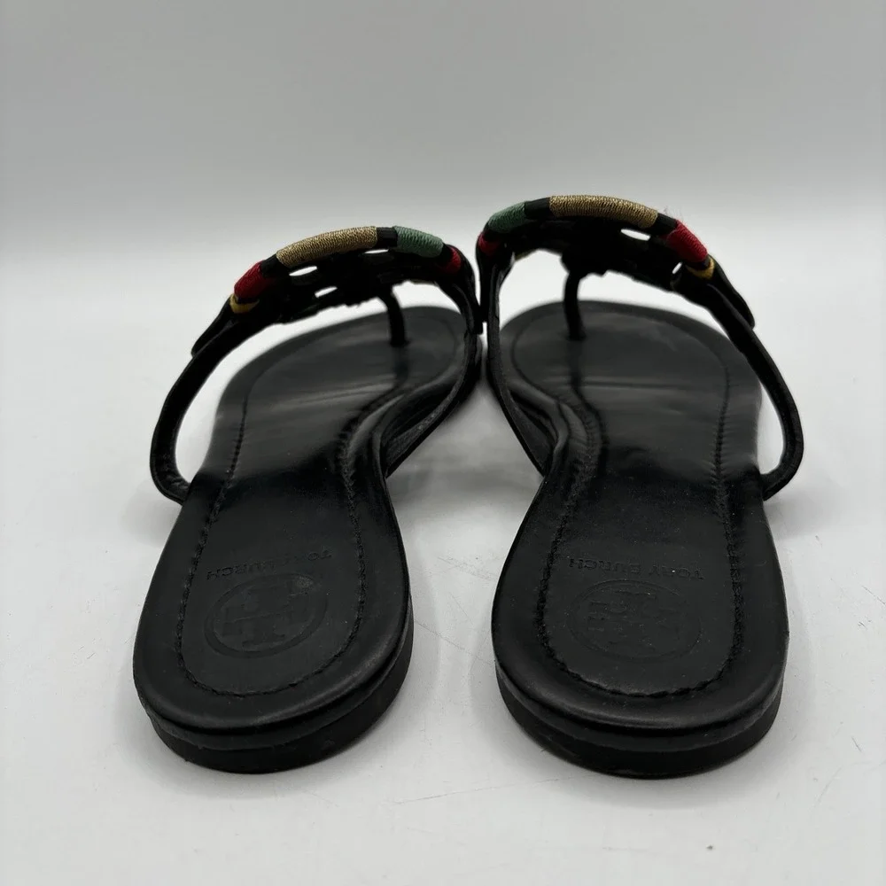Tory Burch Miller Flats Women's 7 Black Thong Embroidered Colorful Logo Sandals